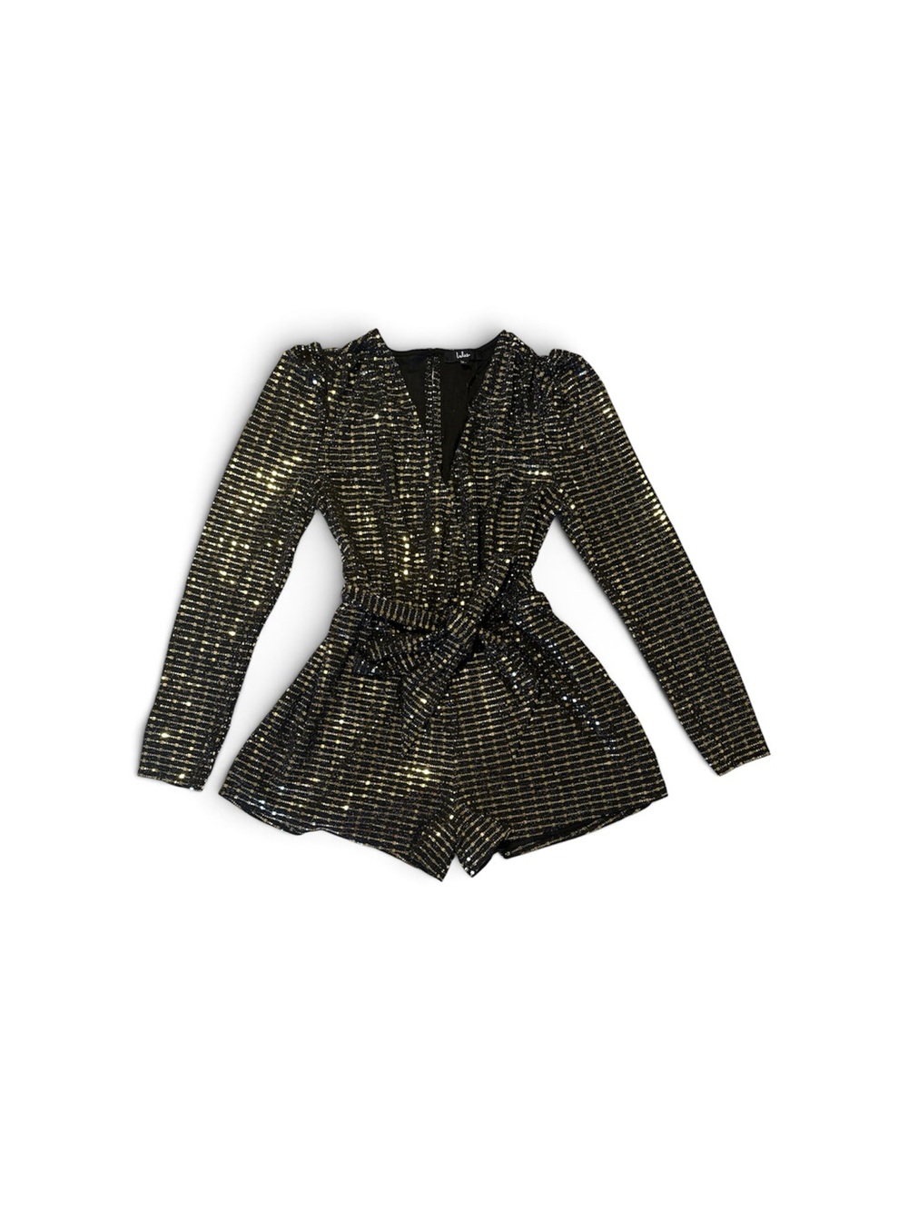 Lulus Bettie Gold Metallic Sparkle Long Sleeve Romper – Size Large NWT - Picture 5 of 8